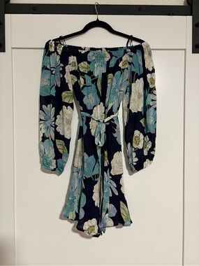 LOFT Navy Floral Off-the-Shoulder Long Sleeve Tie-Waist Dress Petite